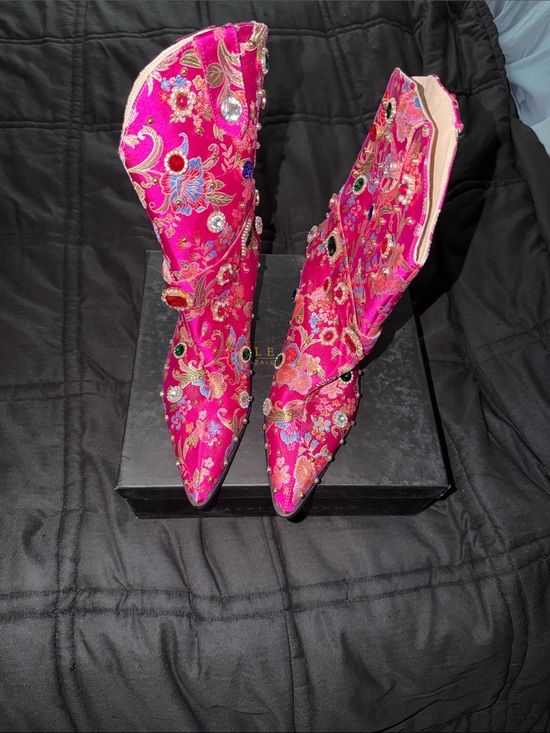Azalea Wang Shoes - Embroidered Hot Pink Jeweled Pointed Heeled Boots